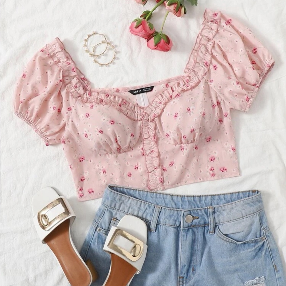 Shein Ditsy Floral Frill Trim Crop Blouse